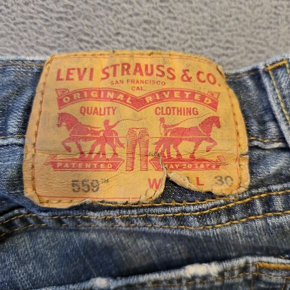 Levis 559 Mens 34x29 Relaxed Fit Straight Leg Blue Denim Distressed Jeans - Picture 3 of 10